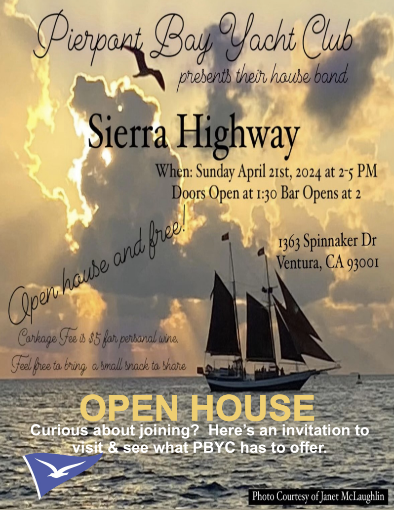 Image of a sailboat, with invitation text for PBYC open house and the sierra highway band