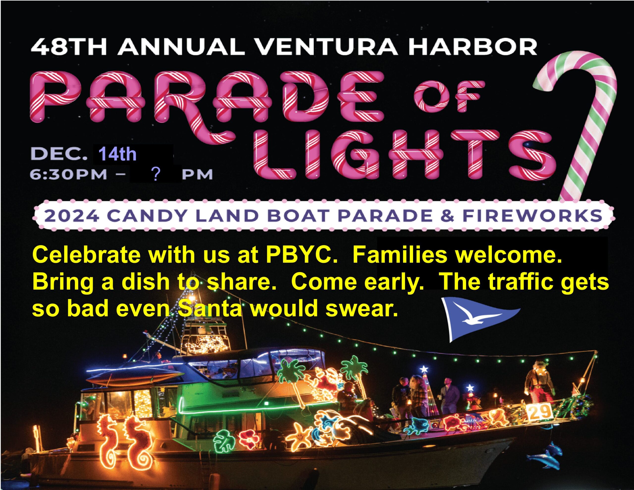 Neon Light Letters showing "Parade of Lights" Inviting PBYC members to bring friends to the Dec 14 2024 holiday party