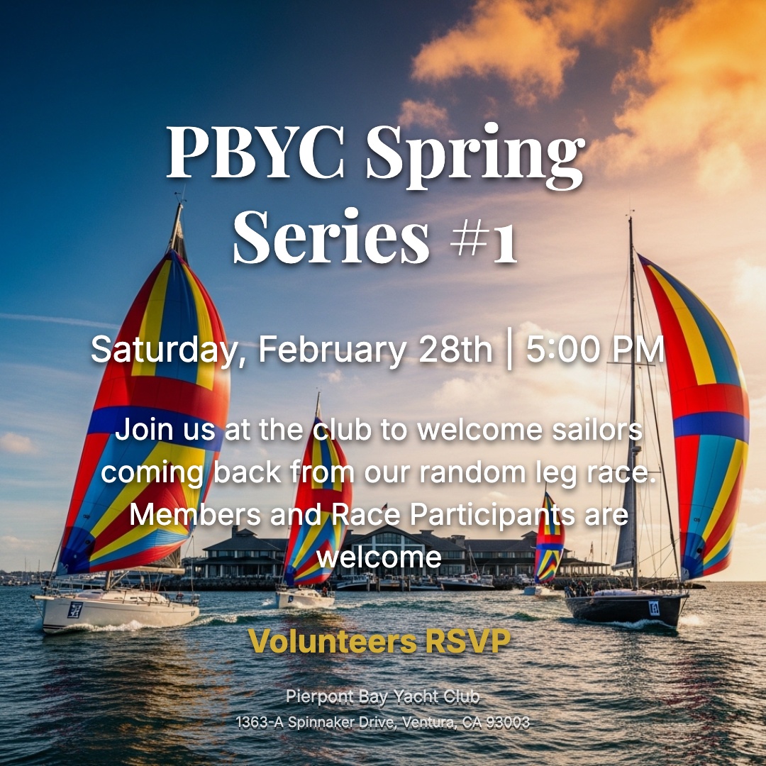 Sailboats racing with colorful spinnakers up. PBYC Spring Race #1 is kicking off on Feb 28